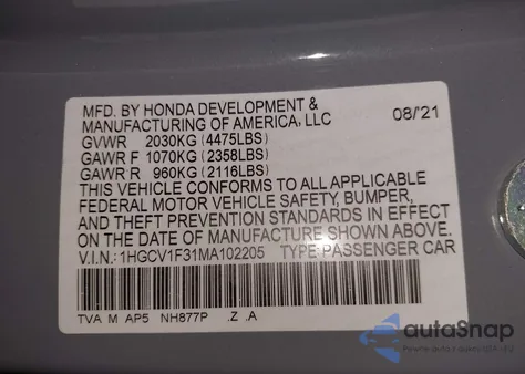 2021 Honda Accord Sport from USA, damaged, VIN 1HGCV1F31MA102205